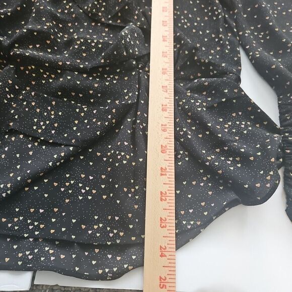 Cabi Blouse Black w/ Colorful Tiny Hearts, Peplum, Ruffles Neckline, Snaps,‎ Sm. - Picture 10 of 10